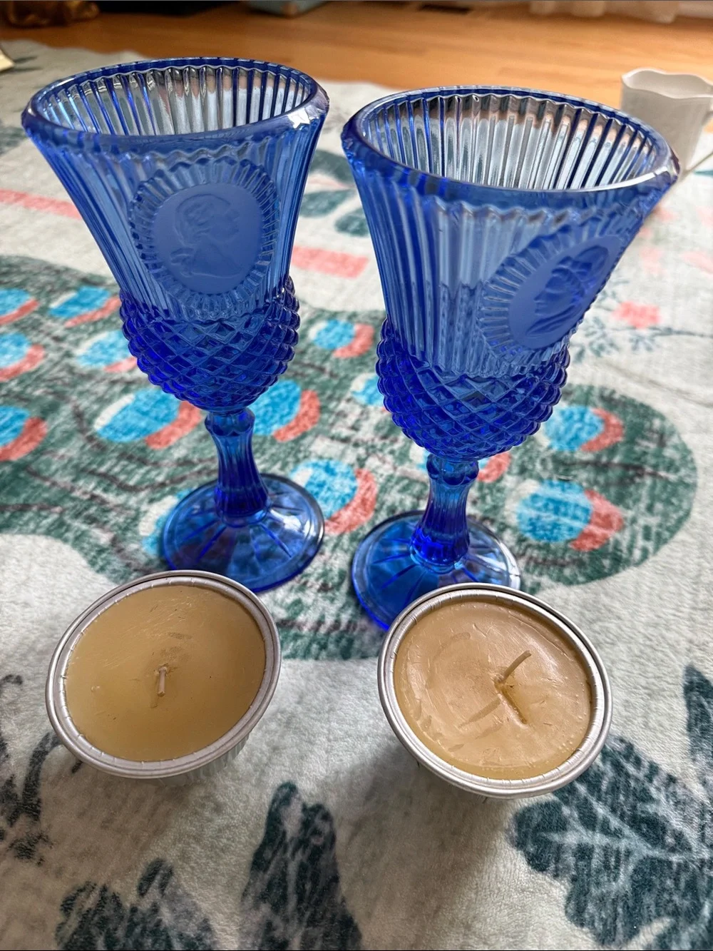 Avon blue goblet ribbed pair cobalt